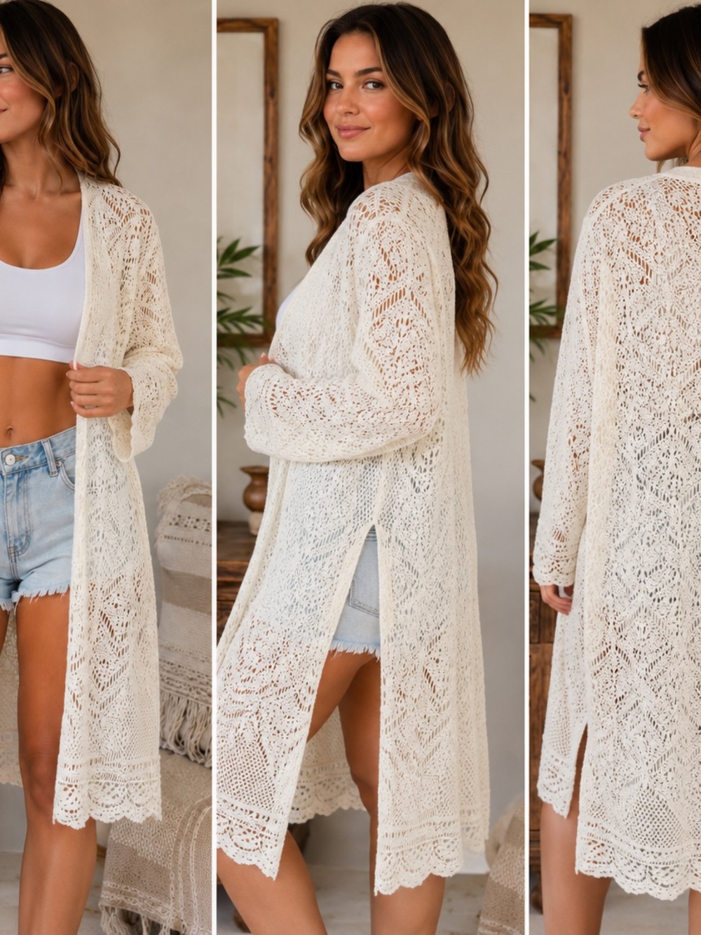 Freshman Crochet Openwork Cardigan - White